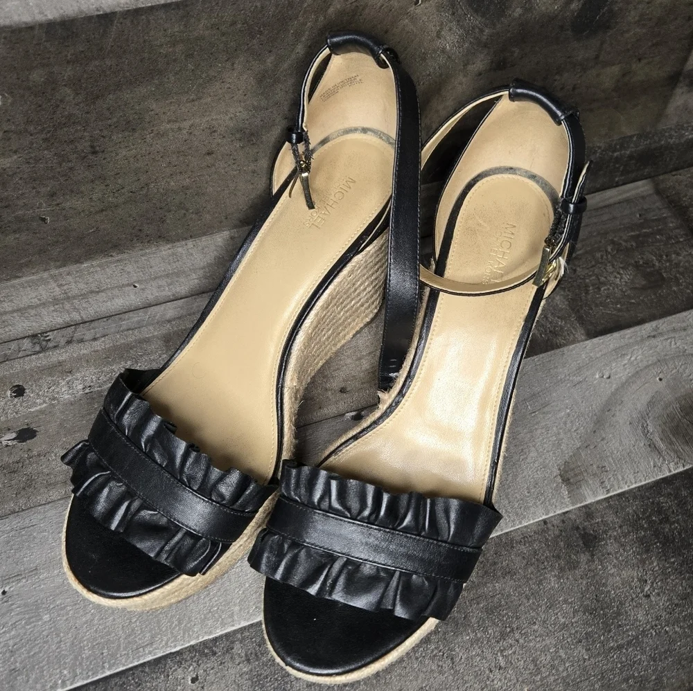 Michael Kors Black Wedge Woven Sandals - Picture 2 of 5